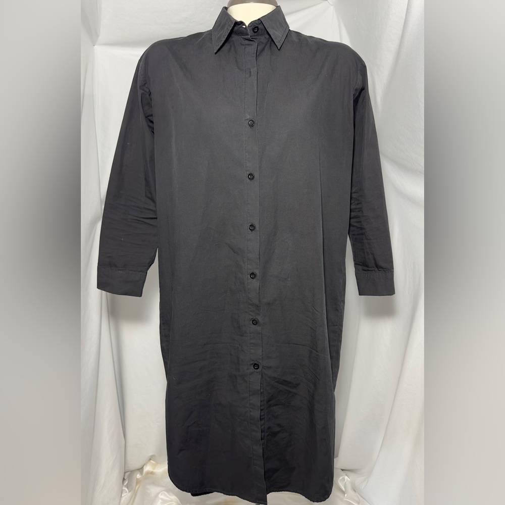 Black Button-Up Long Sleeve Shirt Dress Minimalist Oversized Casual Artsy S